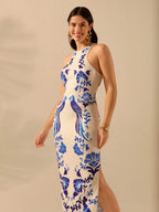 CAJUNI Vestido Listrado Azul com Estampa Tropical de Plantas e Papagaio, Estilo Boho, Sem Mangas e Costas Abertas, Vestido de Praia Casual de Verão