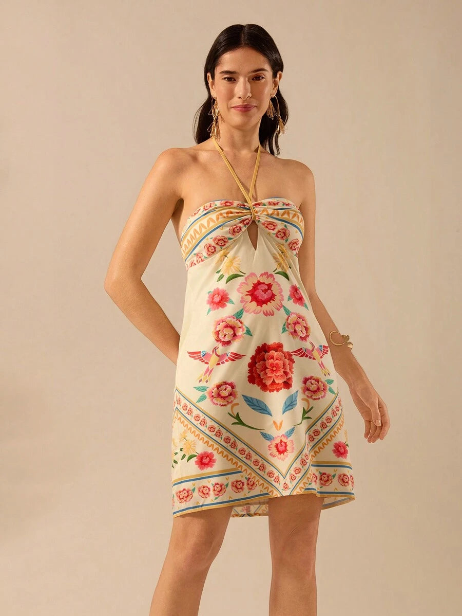 CAJUNI Vestido Curto Feminino Boho Floral com Estampa de Pássaro Tropical, Decote Halter Vazado, Vestido Casual de Férias Verão Praia