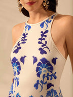 CAJUNI Vestido Listrado Azul com Estampa Tropical de Plantas e Papagaio, Estilo Boho, Sem Mangas e Costas Abertas, Vestido de Praia Casual de Verão