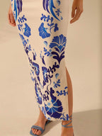 CAJUNI Vestido Listrado Azul com Estampa Tropical de Plantas e Papagaio, Estilo Boho, Sem Mangas e Costas Abertas, Vestido de Praia Casual de Verão
