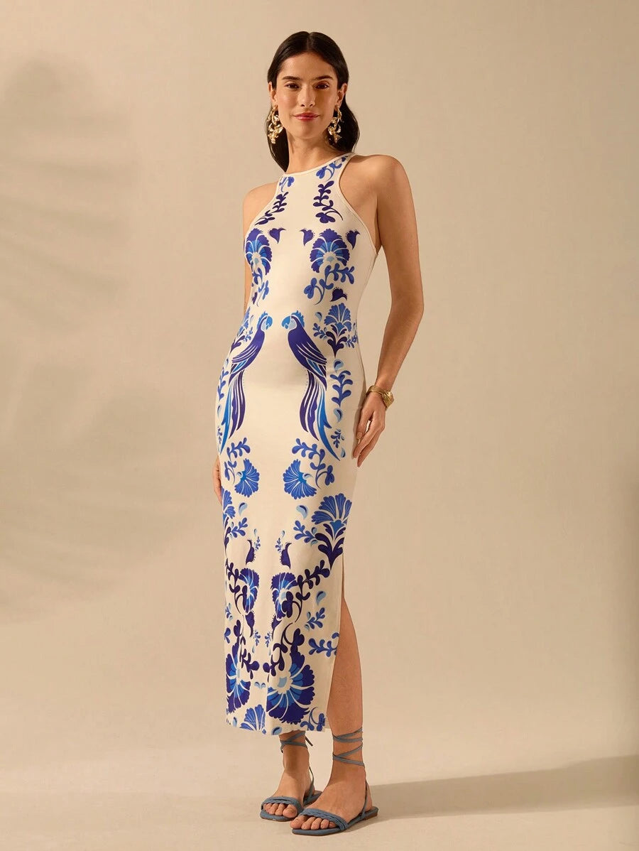 CAJUNI Vestido Listrado Azul com Estampa Tropical de Plantas e Papagaio, Estilo Boho, Sem Mangas e Costas Abertas, Vestido de Praia Casual de Verão