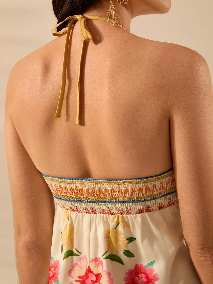 CAJUNI Vestido Curto Feminino Boho Floral com Estampa de Pássaro Tropical, Decote Halter Vazado, Vestido Casual de Férias Verão Praia