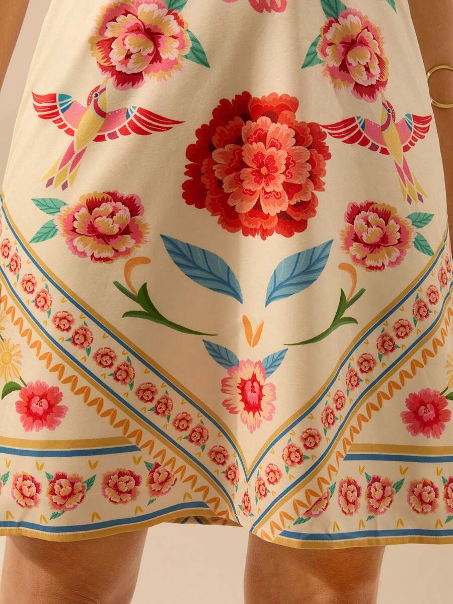 CAJUNI Vestido Curto Feminino Boho Floral com Estampa de Pássaro Tropical, Decote Halter Vazado, Vestido Casual de Férias Verão Praia