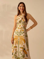 CAJUNI Vestido Longo, Casual de Verão, para Praia, Estilo Boho Tropical, com Estampa de Rododendro, Tucano e Coqueiro, Decote em Halter, Sem Mangas, com Amarração na Parte Frontal, Ideal para Férias