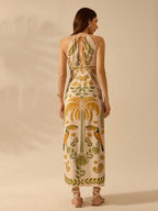 CAJUNI Vestido Longo, Casual de Verão, para Praia, Estilo Boho Tropical, com Estampa de Rododendro, Tucano e Coqueiro, Decote em Halter, Sem Mangas, com Amarração na Parte Frontal, Ideal para Férias
