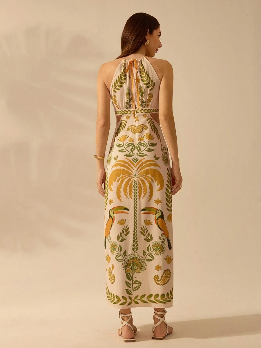CAJUNI Vestido Longo, Casual de Verão, para Praia, Estilo Boho Tropical, com Estampa de Rododendro, Tucano e Coqueiro, Decote em Halter, Sem Mangas, com Amarração na Parte Frontal, Ideal para Férias