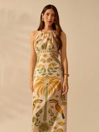 CAJUNI Vestido Longo, Casual de Verão, para Praia, Estilo Boho Tropical, com Estampa de Rododendro, Tucano e Coqueiro, Decote em Halter, Sem Mangas, com Amarração na Parte Frontal, Ideal para Férias