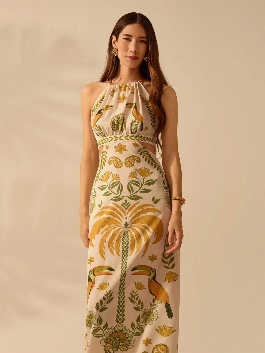 CAJUNI Vestido Longo, Casual de Verão, para Praia, Estilo Boho Tropical, com Estampa de Rododendro, Tucano e Coqueiro, Decote em Halter, Sem Mangas, com Amarração na Parte Frontal, Ideal para Férias
