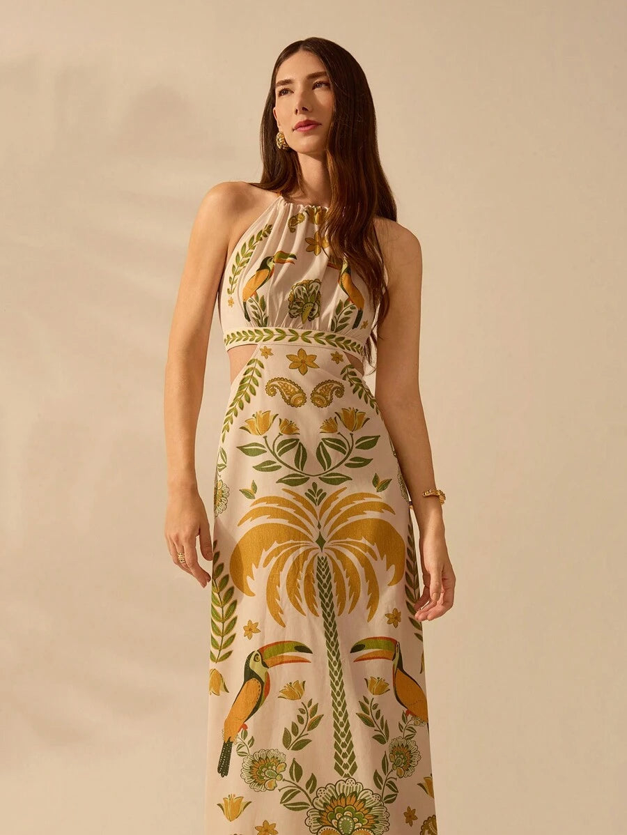 CAJUNI Vestido Longo, Casual de Verão, para Praia, Estilo Boho Tropical, com Estampa de Rododendro, Tucano e Coqueiro, Decote em Halter, Sem Mangas, com Amarração na Parte Frontal, Ideal para Férias