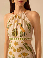 CAJUNI Vestido Longo, Casual de Verão, para Praia, Estilo Boho Tropical, com Estampa de Rododendro, Tucano e Coqueiro, Decote em Halter, Sem Mangas, com Amarração na Parte Frontal, Ideal para Férias