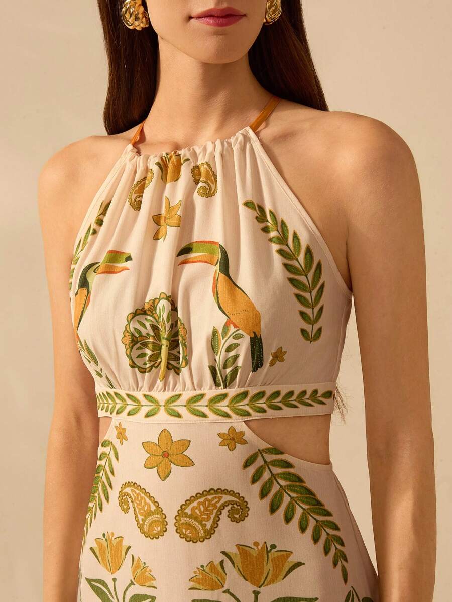 CAJUNI Vestido Longo, Casual de Verão, para Praia, Estilo Boho Tropical, com Estampa de Rododendro, Tucano e Coqueiro, Decote em Halter, Sem Mangas, com Amarração na Parte Frontal, Ideal para Férias