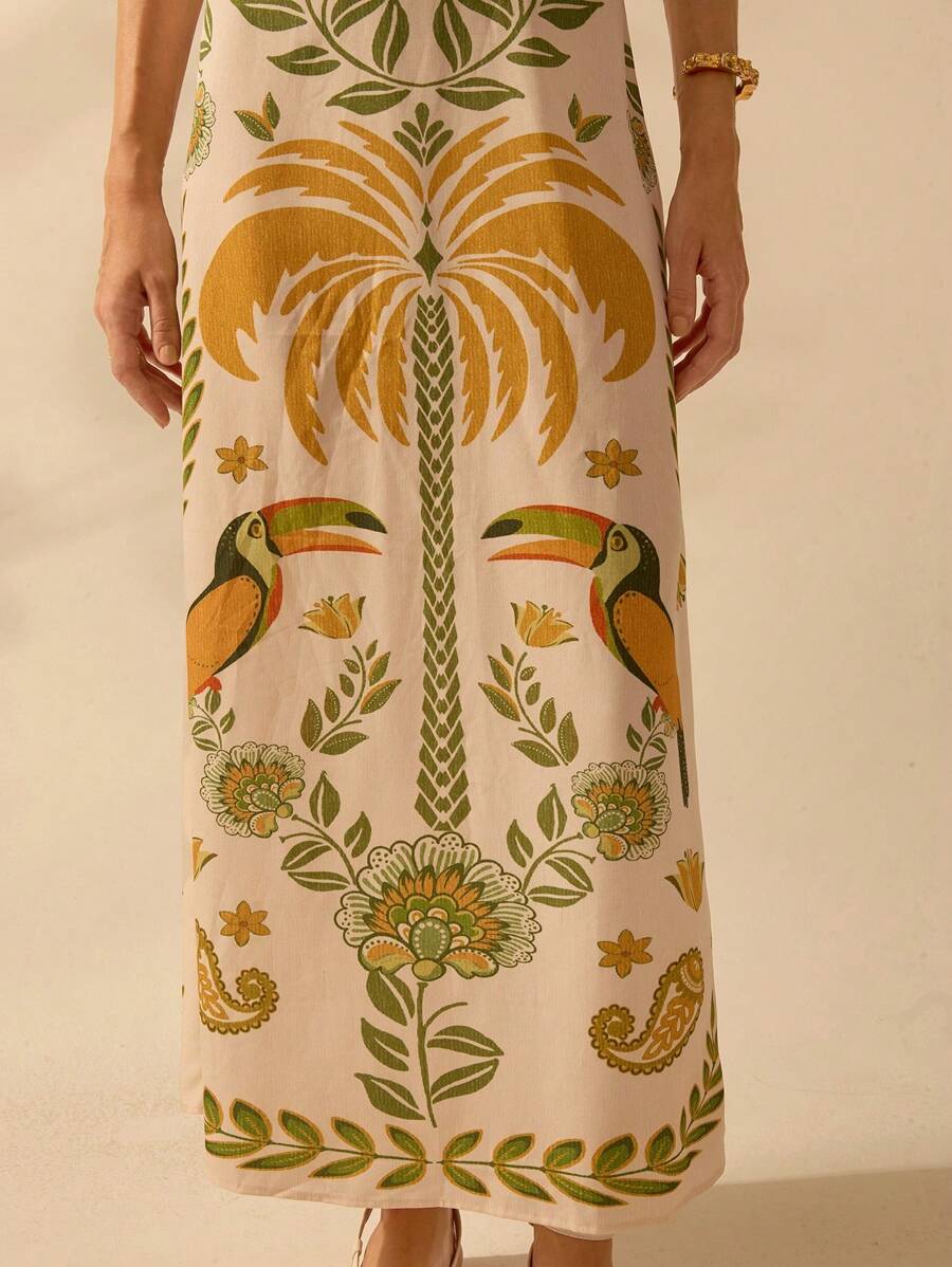 CAJUNI Vestido Longo, Casual de Verão, para Praia, Estilo Boho Tropical, com Estampa de Rododendro, Tucano e Coqueiro, Decote em Halter, Sem Mangas, com Amarração na Parte Frontal, Ideal para Férias