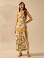 CAJUNI Vestido Longo, Casual de Verão, para Praia, Estilo Boho Tropical, com Estampa de Rododendro, Tucano e Coqueiro, Decote em Halter, Sem Mangas, com Amarração na Parte Frontal, Ideal para Férias