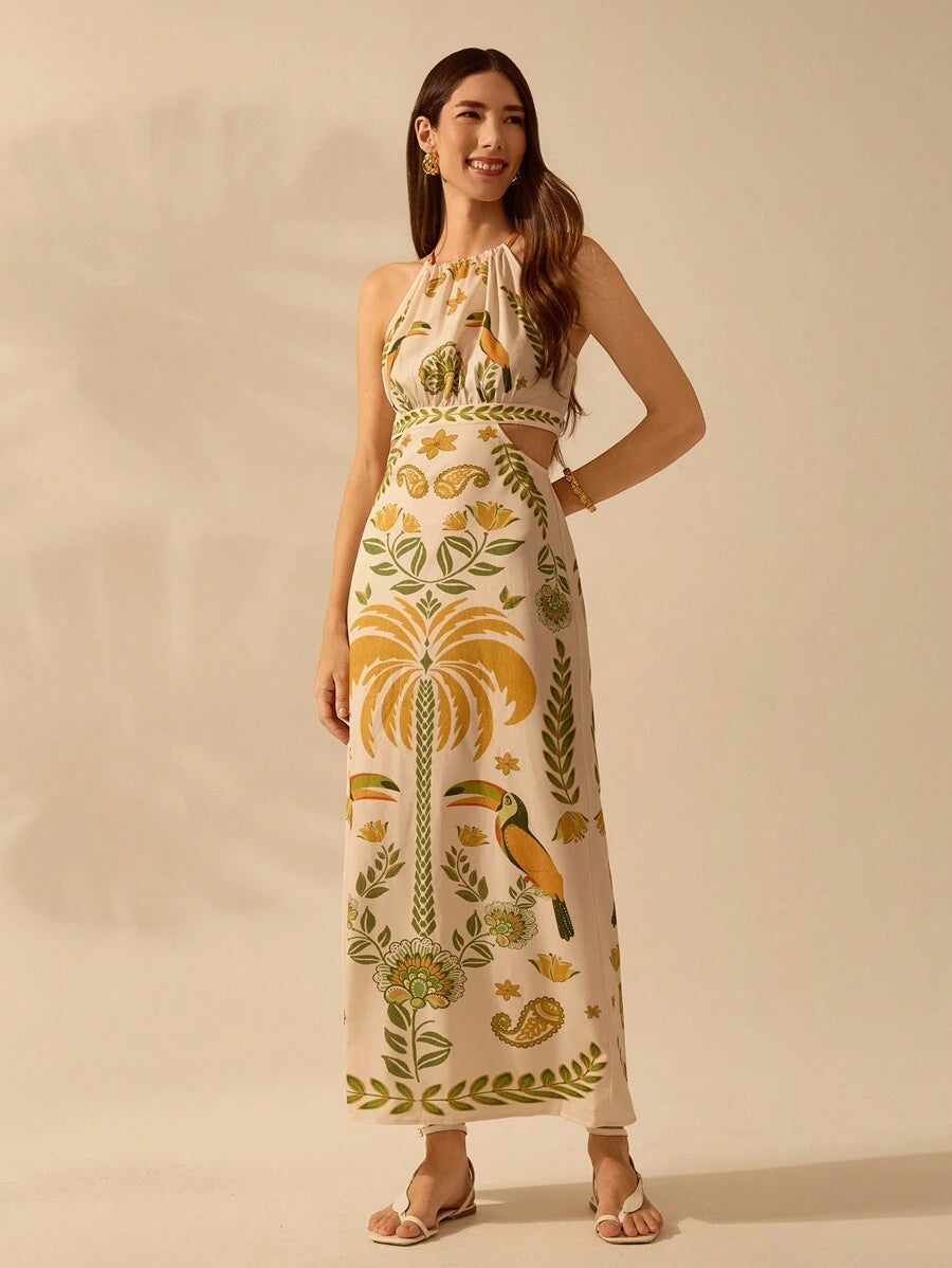 CAJUNI Vestido Longo, Casual de Verão, para Praia, Estilo Boho Tropical, com Estampa de Rododendro, Tucano e Coqueiro, Decote em Halter, Sem Mangas, com Amarração na Parte Frontal, Ideal para Férias