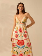 CAJUNI Vestido de Alça Feminino Boho, Estampa Tropical Colorida de Plantas, Decote em V, Casual, Praia de Verão