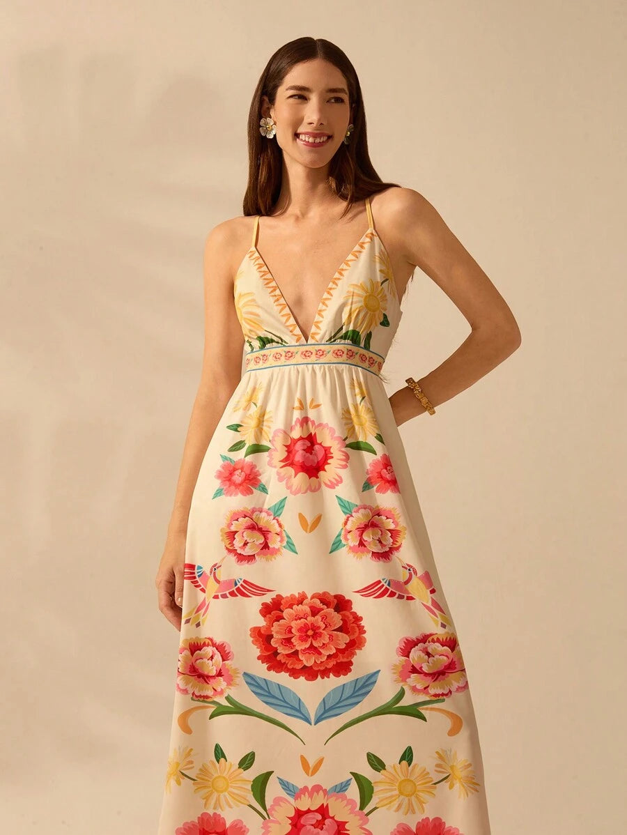 CAJUNI Vestido de Alça Feminino Boho, Estampa Tropical Colorida de Plantas, Decote em V, Casual, Praia de Verão