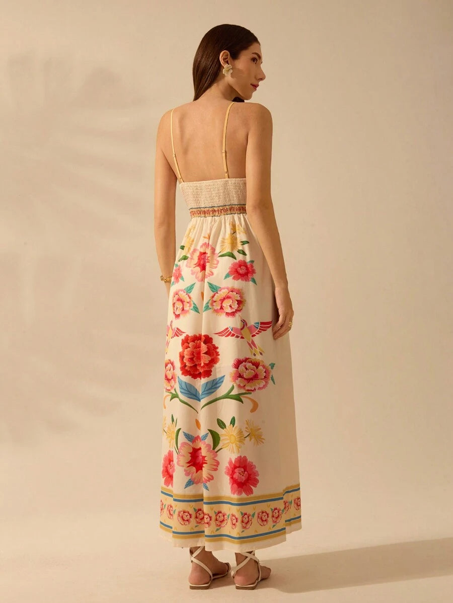 CAJUNI Vestido de Alça Feminino Boho, Estampa Tropical Colorida de Plantas, Decote em V, Casual, Praia de Verão