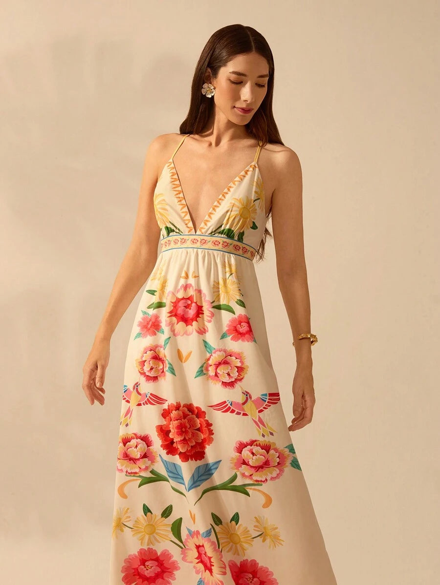 CAJUNI Vestido de Alça Feminino Boho, Estampa Tropical Colorida de Plantas, Decote em V, Casual, Praia de Verão