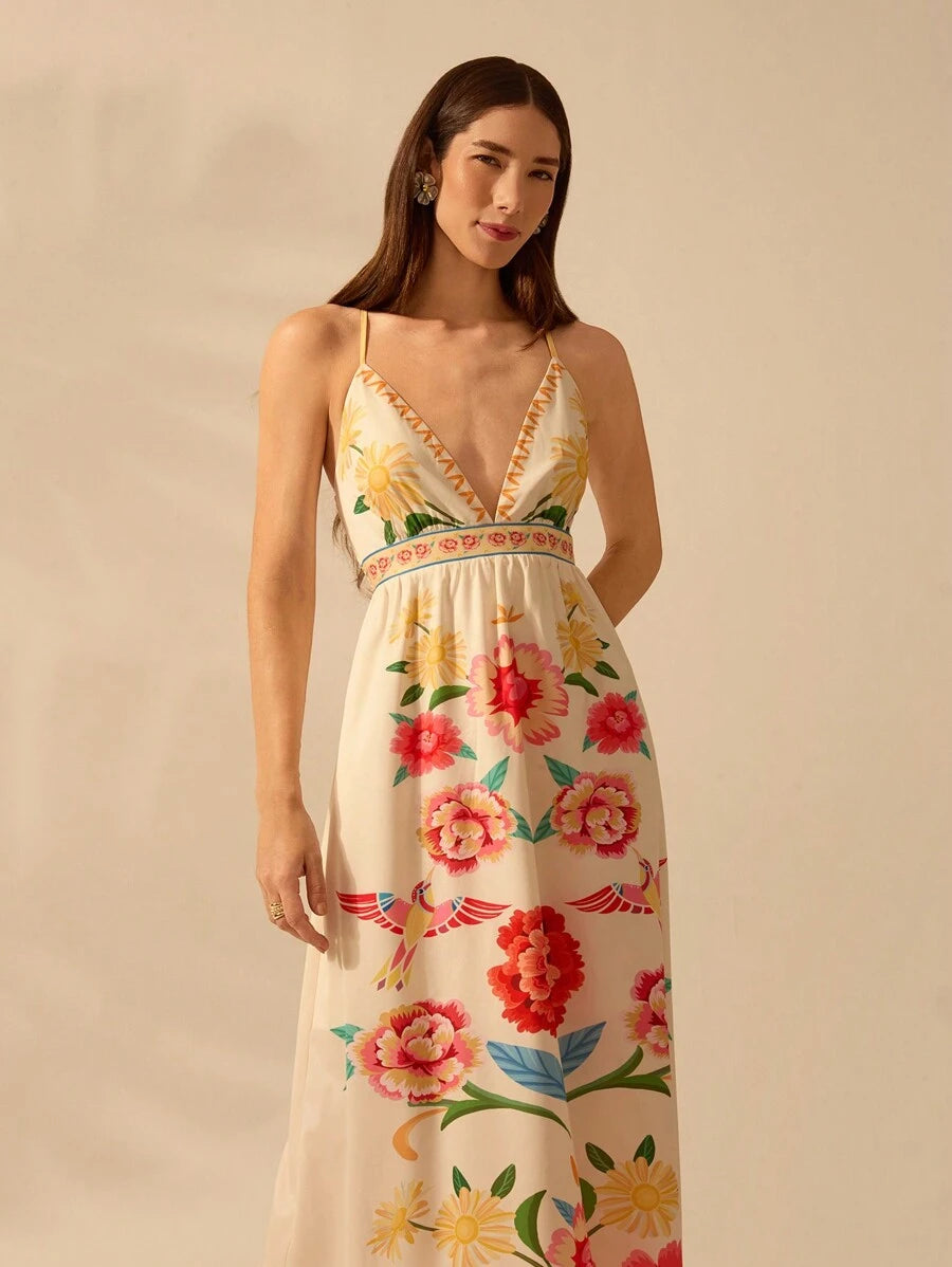 CAJUNI Vestido de Alça Feminino Boho, Estampa Tropical Colorida de Plantas, Decote em V, Casual, Praia de Verão