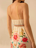 CAJUNI Vestido de Alça Feminino Boho, Estampa Tropical Colorida de Plantas, Decote em V, Casual, Praia de Verão
