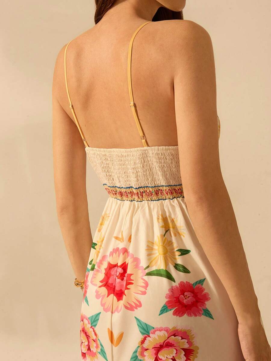 CAJUNI Vestido de Alça Feminino Boho, Estampa Tropical Colorida de Plantas, Decote em V, Casual, Praia de Verão