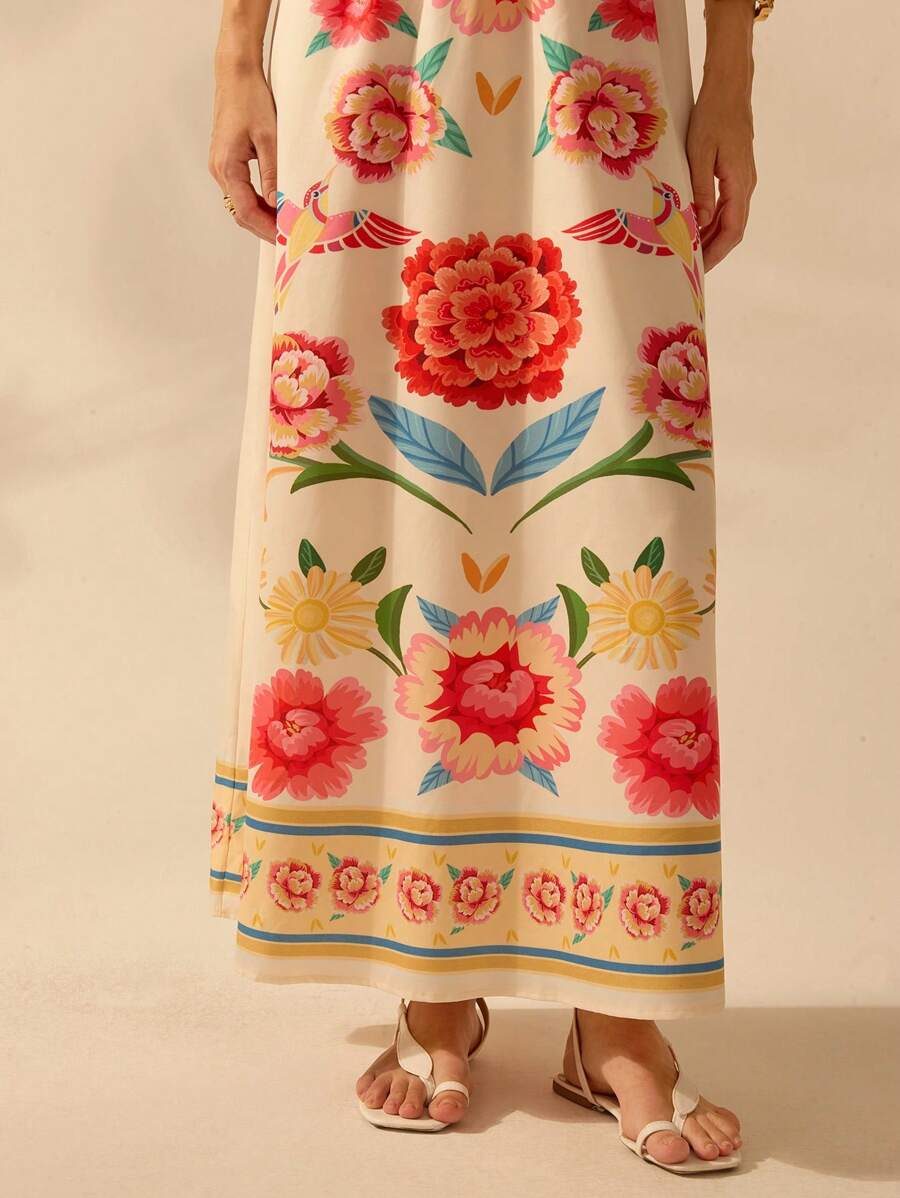 CAJUNI Vestido de Alça Feminino Boho, Estampa Tropical Colorida de Plantas, Decote em V, Casual, Praia de Verão