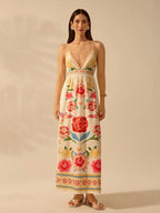 CAJUNI Vestido de Alça Feminino Boho, Estampa Tropical Colorida de Plantas, Decote em V, Casual, Praia de Verão