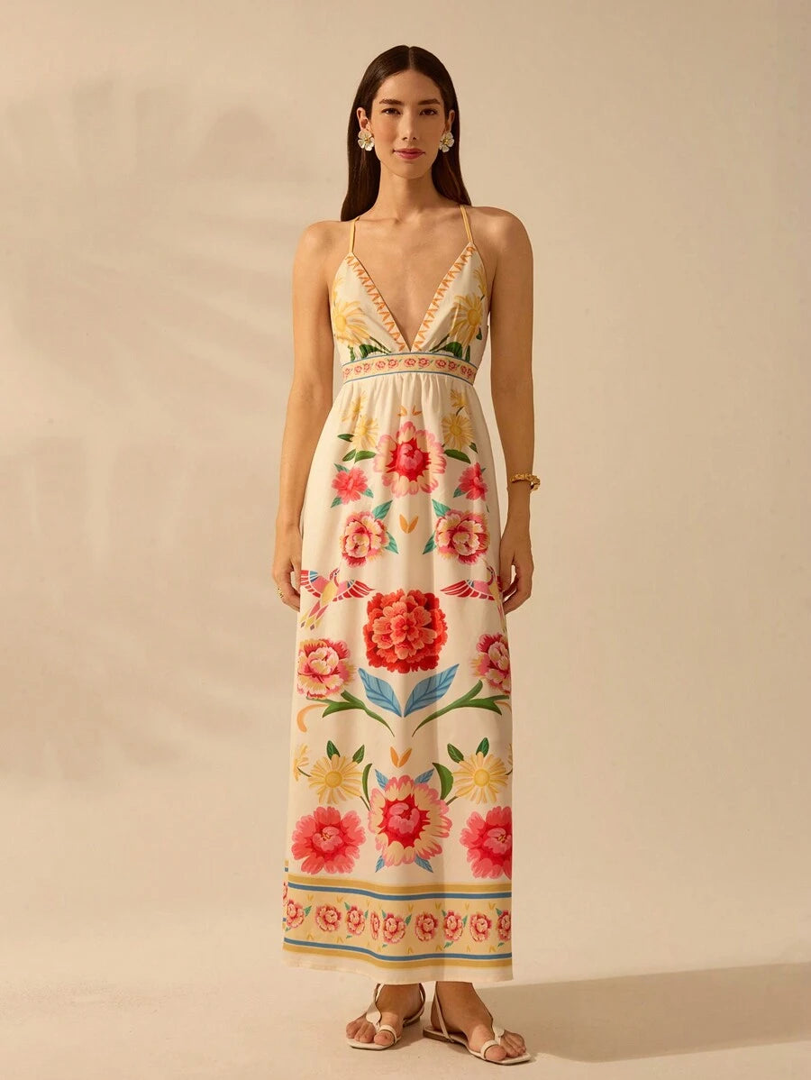 CAJUNI Vestido de Alça Feminino Boho, Estampa Tropical Colorida de Plantas, Decote em V, Casual, Praia de Verão