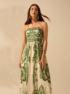 CAJUNI Vestido Longo Ultracomprido Casual de Verão com Estampa Verde Tropical Boho, Decote Halter, Para Praia e Férias