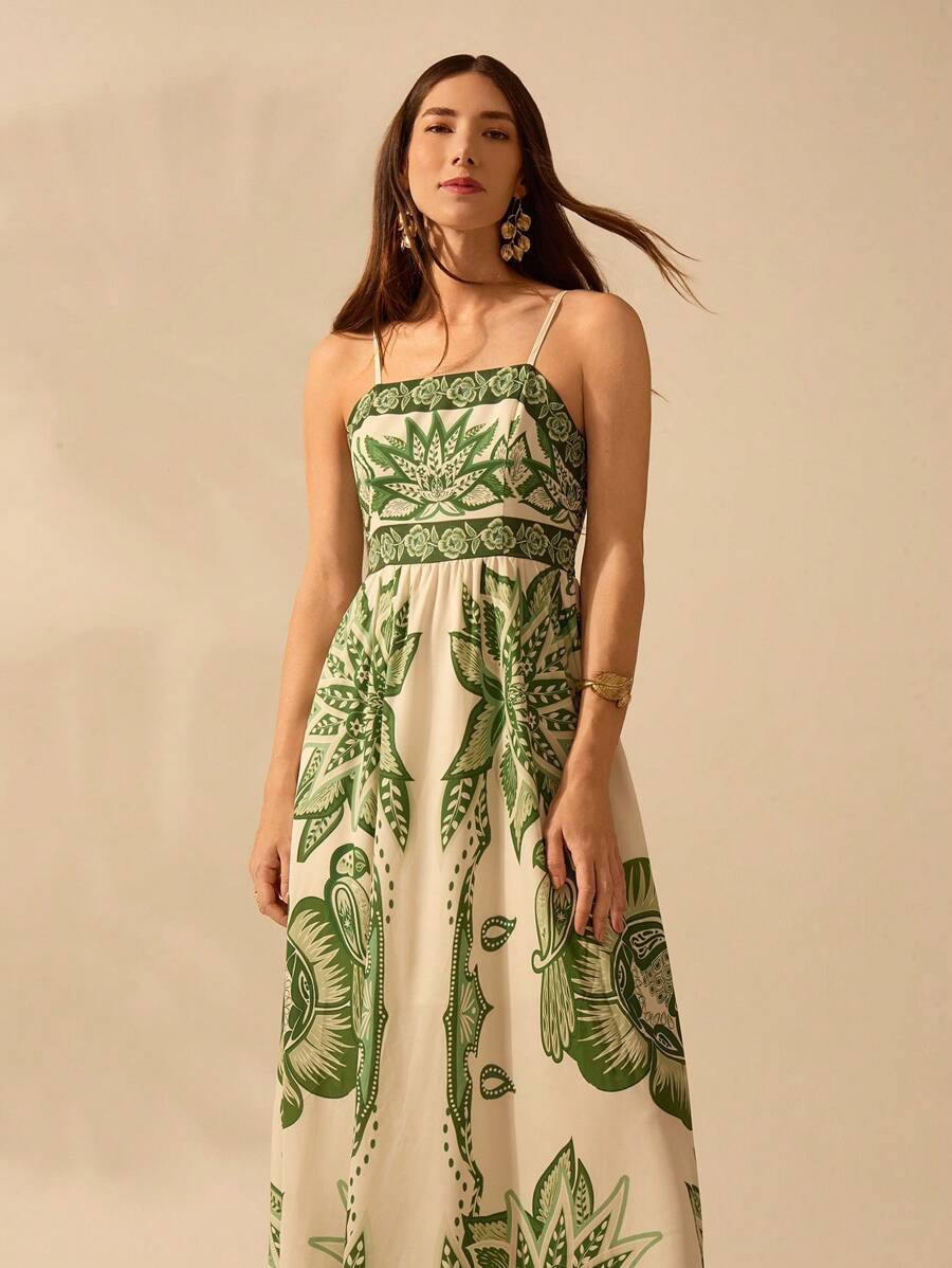 CAJUNI Vestido Longo Ultracomprido Casual de Verão com Estampa Verde Tropical Boho, Decote Halter, Para Praia e Férias