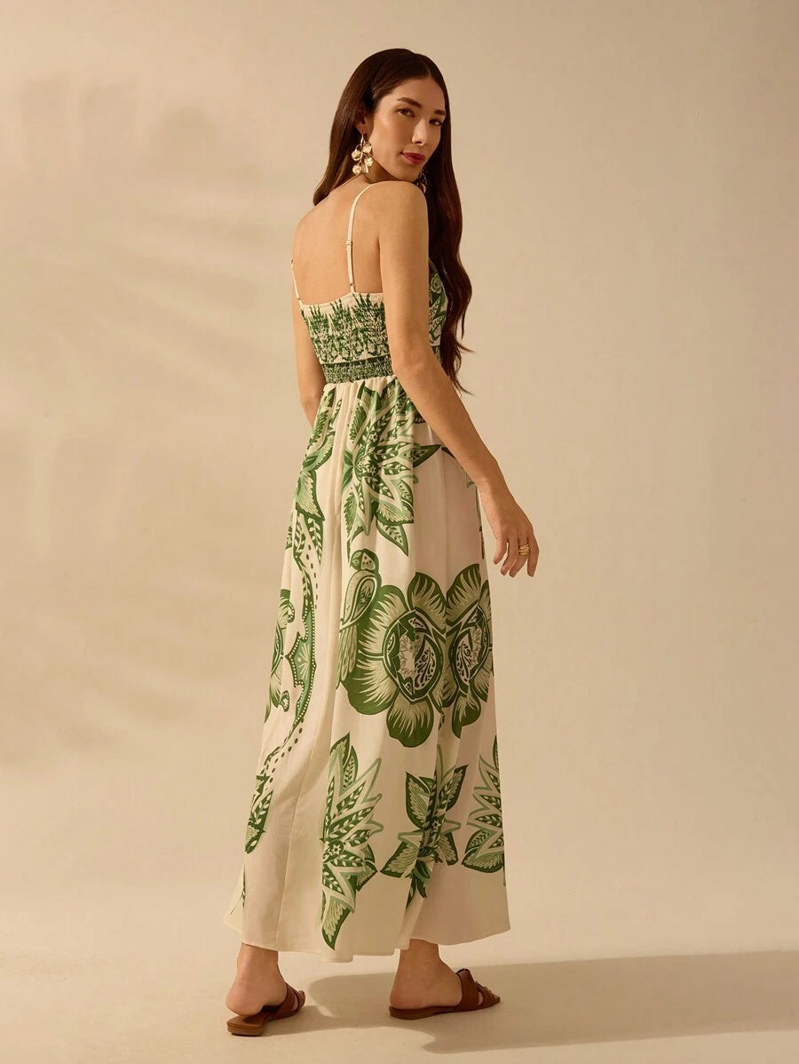 CAJUNI Vestido Longo Ultracomprido Casual de Verão com Estampa Verde Tropical Boho, Decote Halter, Para Praia e Férias