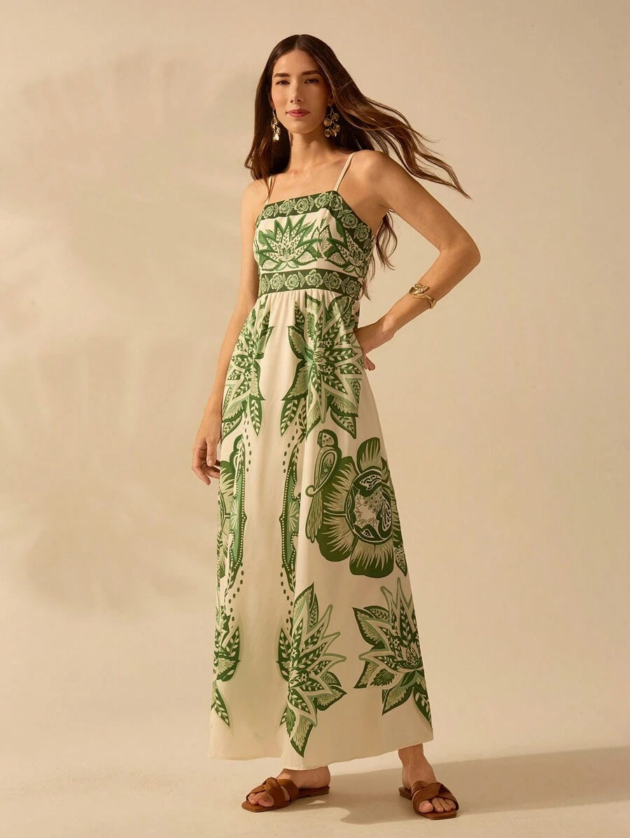 CAJUNI Vestido Longo Ultracomprido Casual de Verão com Estampa Verde Tropical Boho, Decote Halter, Para Praia e Férias