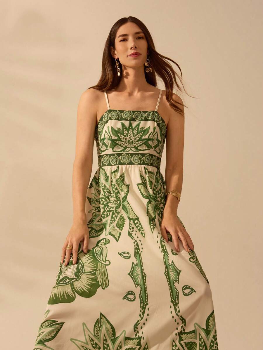 CAJUNI Vestido Longo Ultracomprido Casual de Verão com Estampa Verde Tropical Boho, Decote Halter, Para Praia e Férias