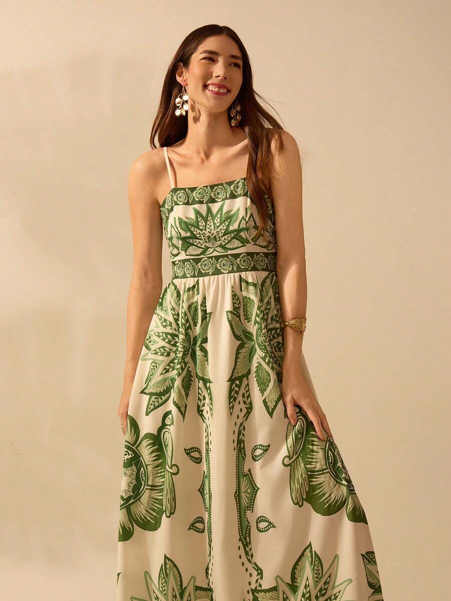 CAJUNI Vestido Longo Ultracomprido Casual de Verão com Estampa Verde Tropical Boho, Decote Halter, Para Praia e Férias