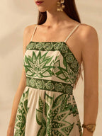 CAJUNI Vestido Longo Ultracomprido Casual de Verão com Estampa Verde Tropical Boho, Decote Halter, Para Praia e Férias