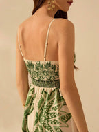 CAJUNI Vestido Longo Ultracomprido Casual de Verão com Estampa Verde Tropical Boho, Decote Halter, Para Praia e Férias