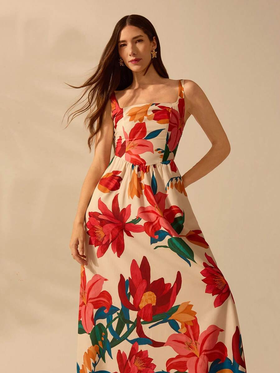 CAJUNI Vestido Casual Feminino Boêmio Halterneck Finas com Estampa Floral Tropical Colorida para Férias de Verão
