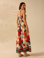 CAJUNI Vestido Casual Feminino Boêmio Halterneck Finas com Estampa Floral Tropical Colorida para Férias de Verão