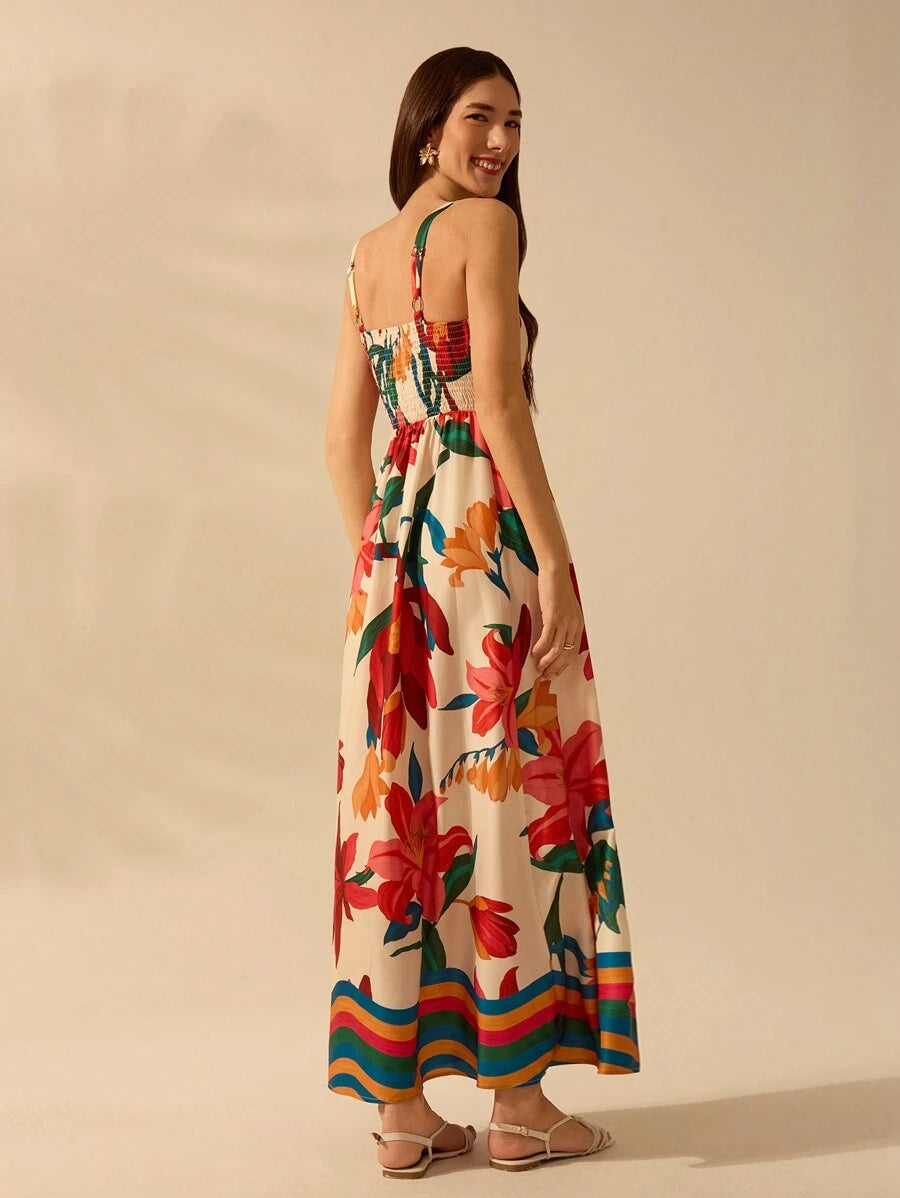 CAJUNI Vestido Casual Feminino Boêmio Halterneck Finas com Estampa Floral Tropical Colorida para Férias de Verão