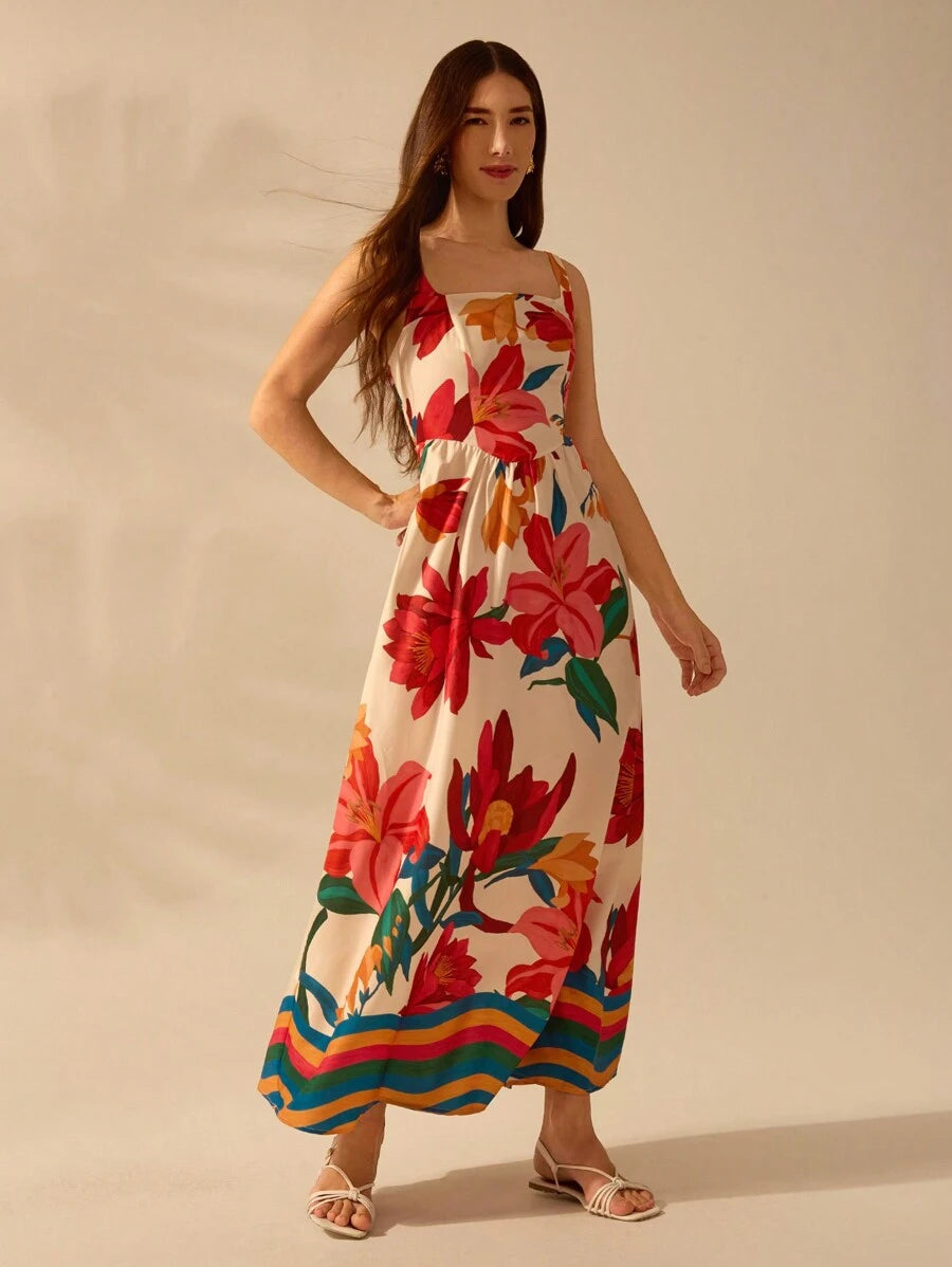 CAJUNI Vestido Casual Feminino Boêmio Halterneck Finas com Estampa Floral Tropical Colorida para Férias de Verão