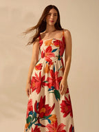 CAJUNI Vestido Casual Feminino Boêmio Halterneck Finas com Estampa Floral Tropical Colorida para Férias de Verão
