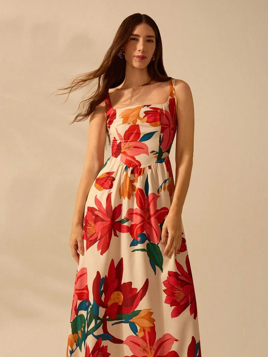 CAJUNI Vestido Casual Feminino Boêmio Halterneck Finas com Estampa Floral Tropical Colorida para Férias de Verão