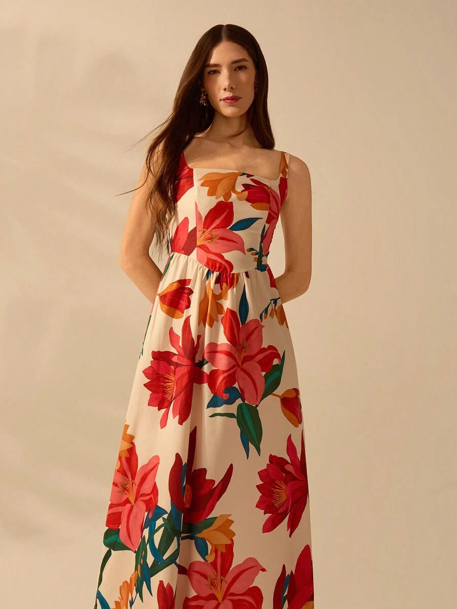 CAJUNI Vestido Casual Feminino Boêmio Halterneck Finas com Estampa Floral Tropical Colorida para Férias de Verão