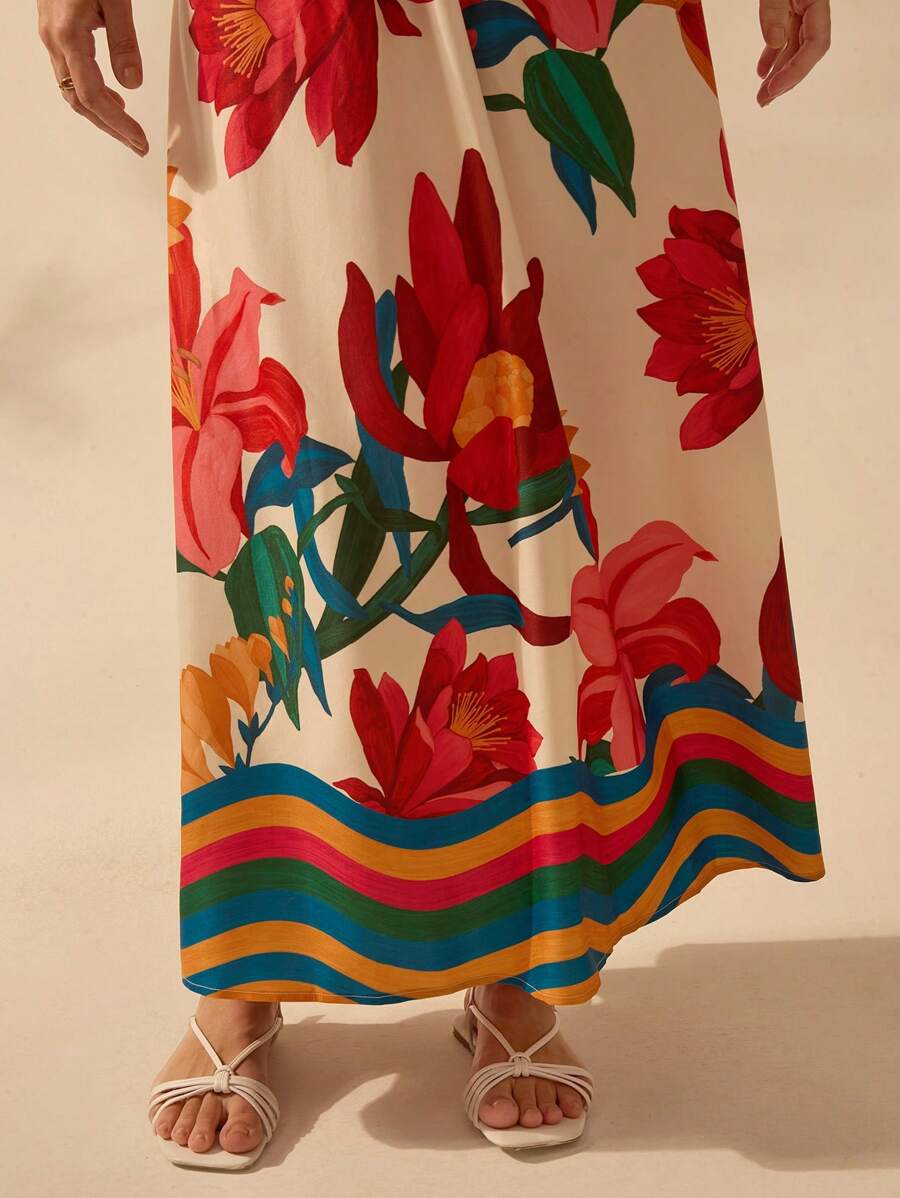 CAJUNI Vestido Casual Feminino Boêmio Halterneck Finas com Estampa Floral Tropical Colorida para Férias de Verão