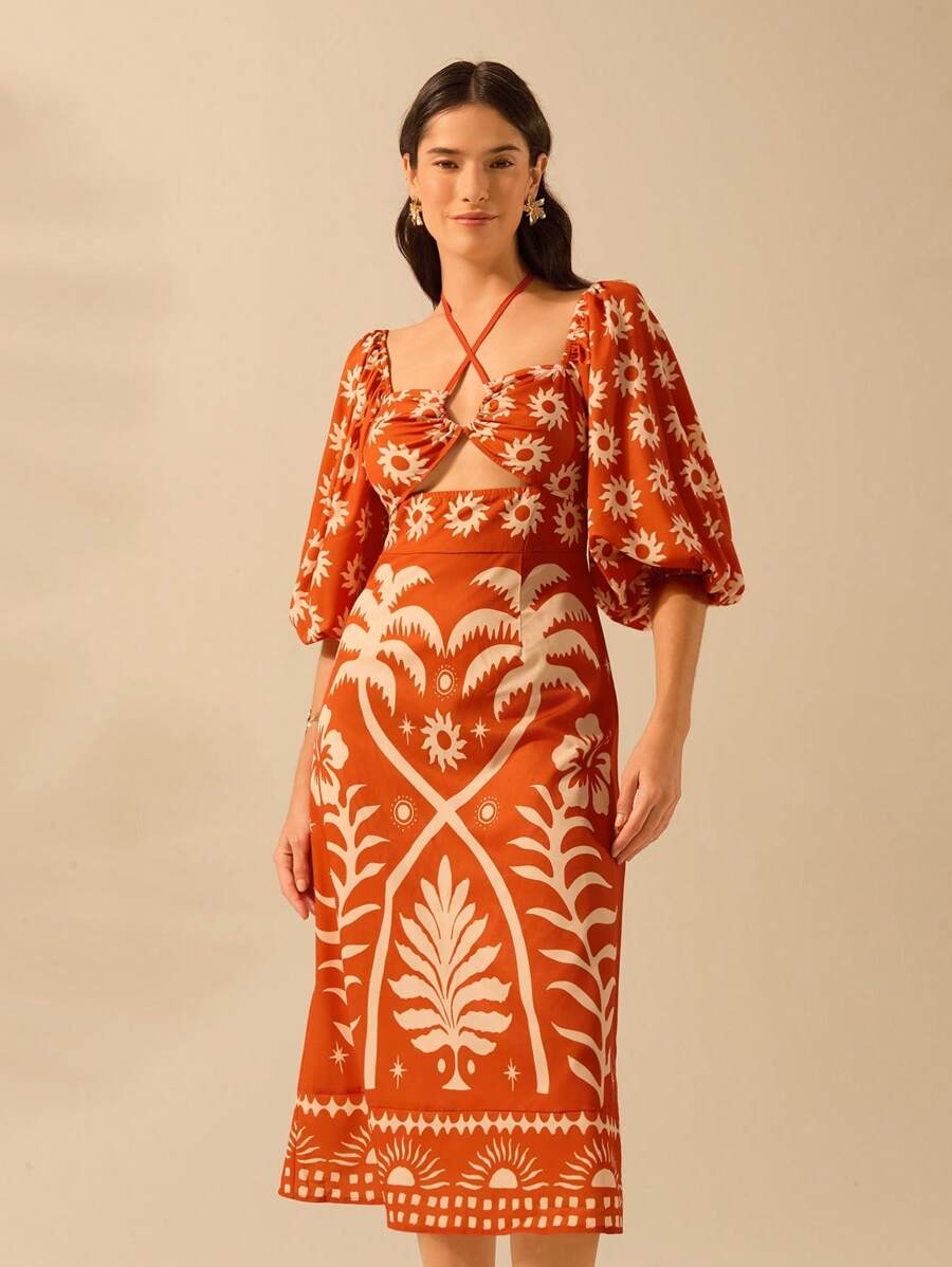 CAJUNI Vestido verde de manga bufante de comprimento médio, com estampa boho de flor tropical, sol e árvore de coco, cordão oco, verão casual, vestido de praia de férias