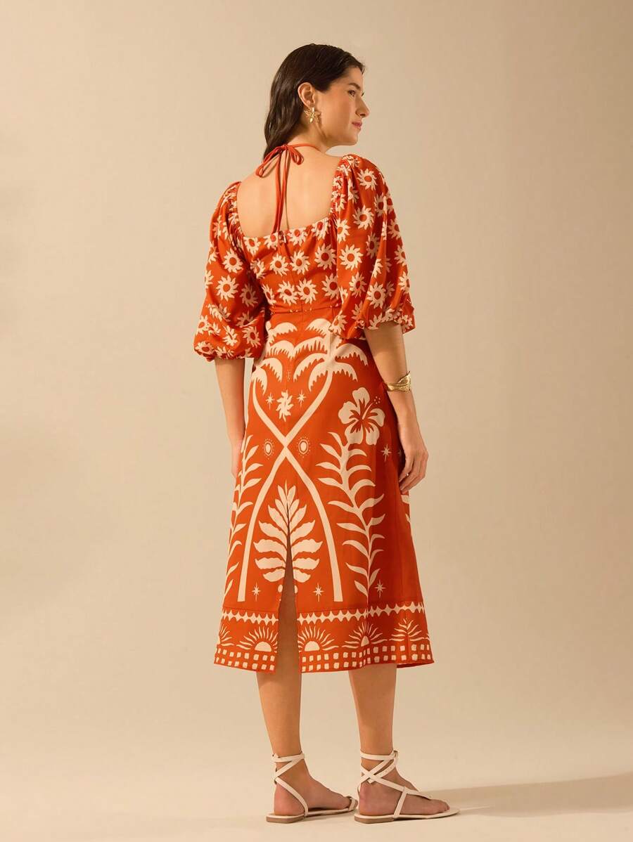 CAJUNI Vestido verde de manga bufante de comprimento médio, com estampa boho de flor tropical, sol e árvore de coco, cordão oco, verão casual, vestido de praia de férias