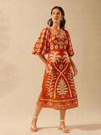 CAJUNI Vestido verde de manga bufante de comprimento médio, com estampa boho de flor tropical, sol e árvore de coco, cordão oco, verão casual, vestido de praia de férias