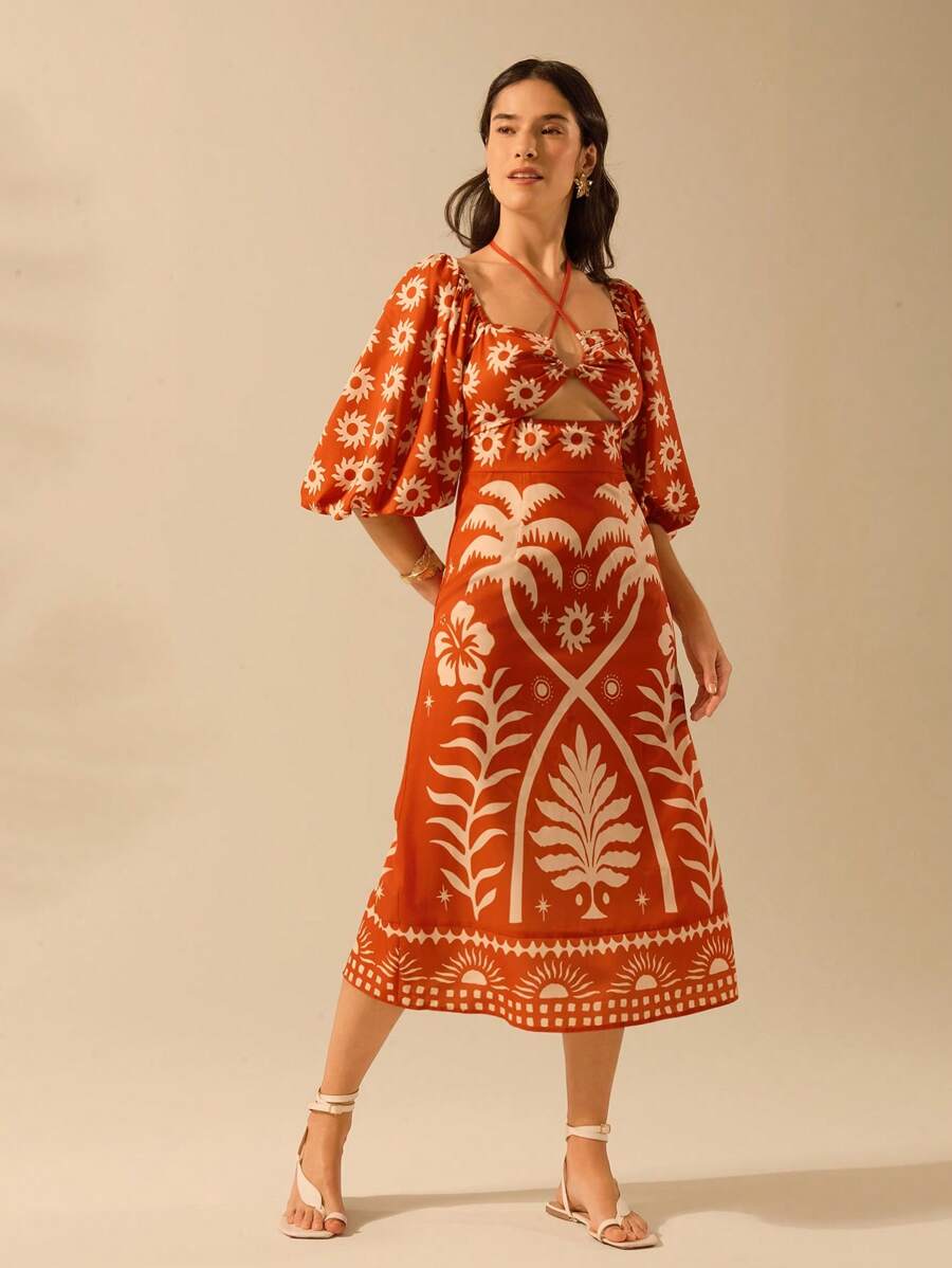 CAJUNI Vestido verde de manga bufante de comprimento médio, com estampa boho de flor tropical, sol e árvore de coco, cordão oco, verão casual, vestido de praia de férias