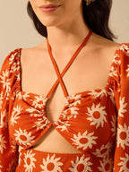 CAJUNI Vestido verde de manga bufante de comprimento médio, com estampa boho de flor tropical, sol e árvore de coco, cordão oco, verão casual, vestido de praia de férias