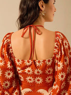 CAJUNI Vestido verde de manga bufante de comprimento médio, com estampa boho de flor tropical, sol e árvore de coco, cordão oco, verão casual, vestido de praia de férias
